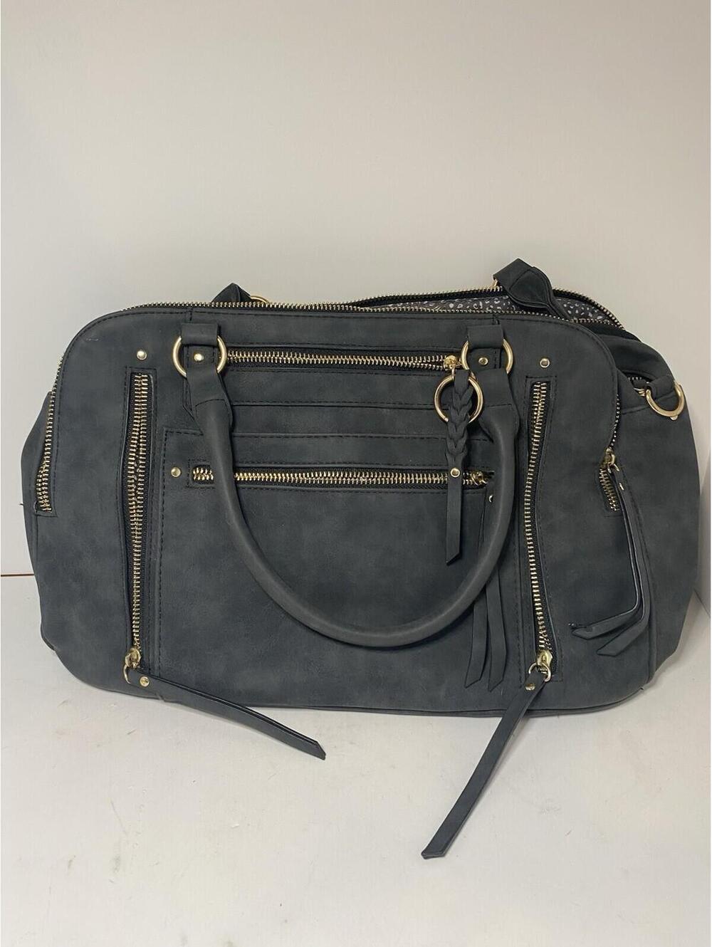 Gray Faux Leather Satchel Handbag Multi Zip Pocket Shoulder Purse Large